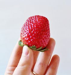 a hand is holding a small strawberry in it's palm