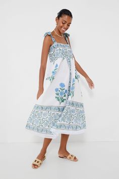 Exclusive White Poppy Tie Shoulder Dress | Juliet Dunn Tuckernuck Style, Seaside Photoshoot, Nantucket Style Clothing, Coastal Dress, Tie Shoulder Dress, Tuckernuck Dress, Mom Clothes, Block Print Dress, Coastal Fashion