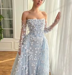 Ethereal Ball Gown, Teuta Matoshi Dresses, Matoshi Dress, Prom Dresses Long Sleeves, Mermaid Prom Dresses Long, Light Blue Gown, Teuta Matoshi, Dresses Long Sleeves, Baby Blue Dress