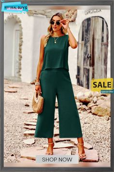 Suit Elegant Sleeveless Top Cropped Pants Ladies Two-piece Set Casual Solid Color Sleeveless Pantsuit, Elegant Sleeveless Green Pantsuit, Summer Two-piece Pantsuit For Workwear, Sleeveless Solid Color Pantsuit For Spring, Spring Two-piece Sleeveless Jumpsuits And Rompers, Chic Two-piece Sleeveless Jumpsuits And Rompers, Spring Two-piece Sleeveless Jumpsuit, Chic Sleeveless Two-piece Jumpsuit, Spring Sleeveless Two-piece Jumpsuit