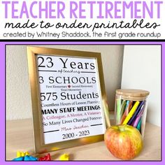 an apple and some school supplies on a desk with the words teacher retirement made to order printables