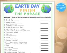 a printable earth day finish the phrase game for kids to play on their own