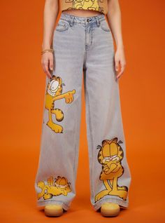 Garfield Poses Wide Leg Denim Pants | Hot Topic Garfield Pjs, Garfield Outfit, Garfield Aesthetic, Tiktok Aesthetics, Garfield Costume, Artsy Clothes, Barista Outfits, Dream Inspiration, Wide Leg Denim Pants