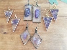 These beautiful earrings have raw amethyst cast in epoxy resin. Unique and simple earrings make the perfect birthday gift for your witchy Bestfriend, Sister or Mom!   These earrings are lightweight making them perfect for all day wear.  Handmade with high quality hypoallergenic and nickel free findings. *do not wear in water Wanna show off your new earrings? We'd love to see you strutting your stuff  with your new  earrings so be sure to tag us with @prairiesunshowers on Instagram/Facebook and T Celestial Earrings, Handmade Birthday Gifts, Raw Amethyst, Earrings Crystal, Amethyst Earrings, Birthday Gift For Her, Simple Earrings, Perfect Birthday, Birthday Gifts For Her