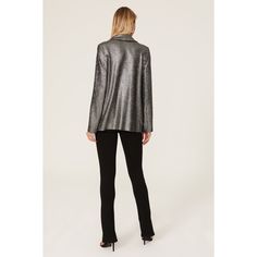 Silver nylon (60% Nylon, 40% Metallic). Blazer. Long sleeves. Front button closure. 27.5" from shoulder to hemline. Made in the USA. Classic Party Outerwear With Button Closure, Stretch Outerwear With Button Closure For Work, Classic Button-up Blazer For Party, Classic Button-up Party Blazer, Sleek Evening Outerwear With Button Closure, Stretch Button-up Outerwear For Work, Formal Stretch Outerwear With Long Sleeves, Stretch Long Sleeve Party Blazer, Classic Formal Stretch Outerwear