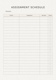 a printable assignment schedule for students to do their homework on the same sheet as shown