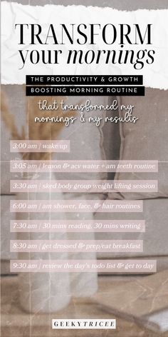 Hey Early Risers! Ready to transform your mornings? I wake up at 3 am to start my day with a routine that supports my glow-up goals. Inspired by family, my mornings include gym workouts, tidying up, self-care, and mindset practices. I also spend 30 minutes reading and writing to keep my mind sharp. I end my routine with a hearty breakfast and reviewing my day's plans. Want to build your own morning routine? Click through to learn how! Morning Routines, Evening Routine, I Wake Up, 3 Am