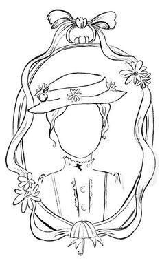 a girl in a hat with flowers on her head and the word's name underneath it