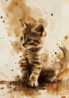 a painting of a kitten sitting on top of a table