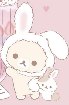 a drawing of a bunny holding a baby rabbit next to a cake and cupcake