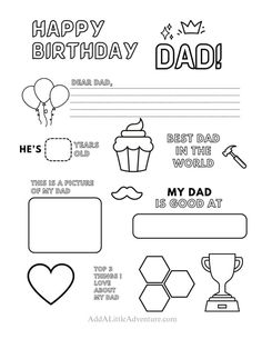 fathers day card with the words happy birthday dad and other things to be drawn on it