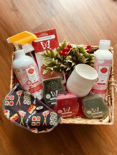 a basket filled with personal care items on top of a wooden floor