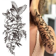 a woman's arm with flowers and birds tattooed on the back of her arm