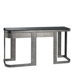 a modern console table with black marble top and silver metal frame, on an isolated white background