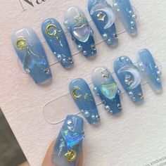 Professional Press On Set Press On Nails Size M Medium Nail Bed Nail Inspiration Simple, Blue Douyin Nails, Blue Press On Nails, Navy Blue Press On Nails, Blue Press On Nail Designs, Pastel Blue Press On Nails, Nails Inspiration Simple, Pink And Blue Press On Nails, Kwaii Press On Nails