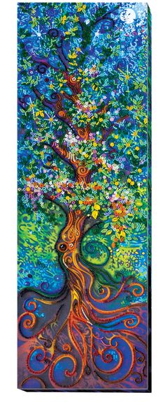 an abstract painting of a tree with swirls and flowers on the bottom half of it