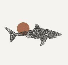 a drawing of a shark with an orange ball in its mouth