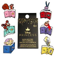 the princess pin set is in its packaging with other pins and magnets on it