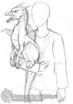 a drawing of a man holding a dragon in his arms with another person behind him