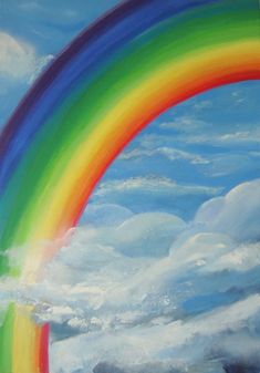 a painting of a rainbow in the sky with clouds and blue sky behind it,