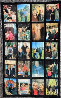 a quilt with many pictures on it and some people in the photo collages