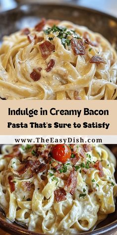 pasta with bacon and tomato sauce in a bowl on a wooden table next to the words indulge in creamy bacon pasta that's sure to satisfy