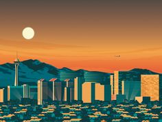 an illustration of a city with mountains in the background and a full moon above it