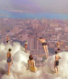 many people are floating in the sky above some buildings and clouds with one person on top