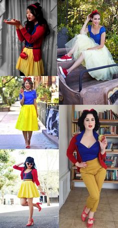 four different pictures of snow white and the seven dwarfs in various poses, from front to back