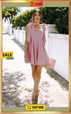 Pink Knotted Strap Square Neck High Waist Mini Dress Chic Fitted Dress For Outing, Fitted Spring Dress For Outing, Fitted Dress For Spring Outing, Summer Outing Mini Dress, Chic Sundress For Spring Outing, Casual Mini Dress For Spring Outing, Square Neck, High Waist, On Sale