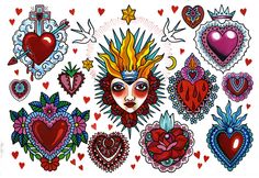 an assortment of tattoos with hearts and flowers on them, all drawn in different colors