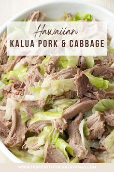 hawaiian pork and cabbage salad in a white bowl with text overlay that reads hawaii pork and cabbage