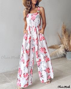 Olivia Mark - Chic Floral Pattern Wide-Legged Suspender Jumpsuit White Printed Jumpsuits And Rompers For Beach, Sleeveless Floral Print Jumpsuits, Sleeveless Non-stretch Floral Jumpsuits And Rompers, White Printed Jumpsuits And Rompers For Vacation, Casual Pink Printed Jumpsuits And Rompers, White Floral Print Jumpsuits And Rompers For Vacation, White Floral Print Jumpsuit For Vacation, Pink Vacation Jumpsuit With Pockets, Non-stretch Floral Jumpsuits And Rompers For Vacation