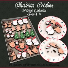 christmas cookies are arranged on a plate and in front of a tray with santa's helpers