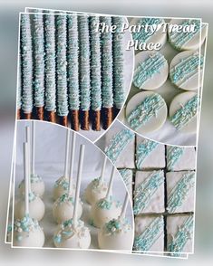 the desserts are decorated with blue and white frosted icing on top of cake pops