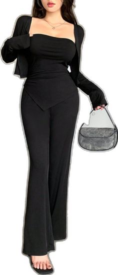 Solid Stretch High-waisted Jumpsuits And Rompers, Casual Long Sleeve Solid Color Pantsuit, Casual Long Sleeve Solid Pantsuit, Long Sleeve Pantsuit For Fall Loungewear, Stretch Long Sleeve Pantsuit For Fall, Fitted Casual Solid Color Pantsuit, Casual Stretch Pantsuit With Trousers, Solid Color Wide Leg Jumpsuits For Fall, Solid Wide Leg Jumpsuits For Fall