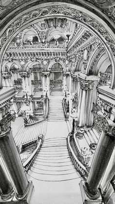 a pencil drawing of an ornate building with columns and arches on the ceiling, looking down at