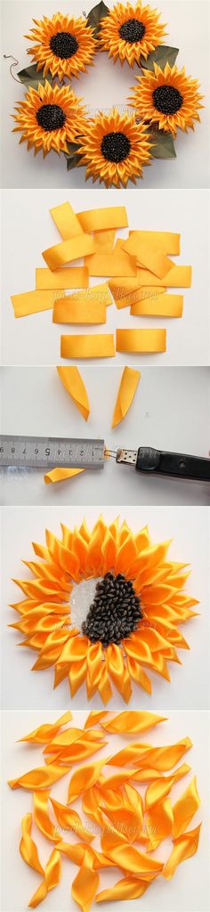 three pictures showing how to make sunflowers out of strips of yellow paper and scissors