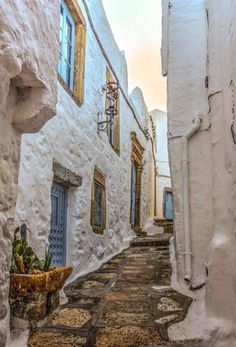 an alley way with white buildings and potted plants