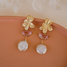 Maisie Pearl Drop Earrings Chic Pink Round Earrings, Earring Post, Gold Earring, Yellow Gold Earring, Pink Glass, Pearl Drop Earrings, Pearl Drop, Post Earrings, Freshwater Pearls