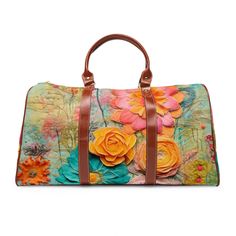 Embrace your inner flower child with our Boho Retro Flower Power Waterproof Travel Bag. Adorned with vintage florals, this bag is perfect for your next adventure. Stay stylish and organized with this functional and trendy accessory! This personalized travel bag is all about style. Made with high-grade waterproof nylon, it's a highly durable means of transferring your essentials wherever you go. With multiple compartments, a resilient carrying handle, and an adjustable shoulder strap, it's the perfect companion for all your adventures. .: High-grade nylon material.: Microfiber PU leather top handle and binding.: One size: 20" × 12'' × 9" (50.8cm × 30.5cm × 23cm ).: Brown PU leather handles and an adjustable shoulder strap.: Polyester lining.: Gold-colored zipper .: All-over print 20" x 12" Green Floral Print Travel Bag, Rectangular Travel Bag With Floral Print, Floral Print Shoulder Bag For Travel And Spring, Floral Print Shoulder Bag For Spring Travel, Bohemian Multicolor Floral Print Bag, Brown Floral Print Shoulder Bag For Travel, Vintage Travel Bags With Floral Print, Flower Shaped Multicolor Travel Shoulder Bag, Multicolor Flower Shaped Shoulder Bag For Travel