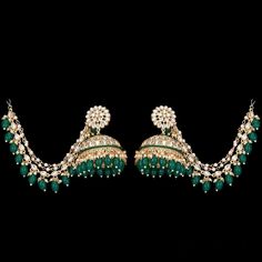 Green Indian Jhumka Earrings with kundan and pearls. Luxury Hand-set Green Jhumkas, Luxury Kundan Jhumkas With Stone Work, Luxury Kundan Jhumkas For Eid, Luxury Kundan Earrings With Latkans, Luxury Green Jhumkas For Festivals, Luxury Festive Jhumkas With Latkans, Green Earrings Indian, Kundan Earrings Jhumkas, Green Jhumka