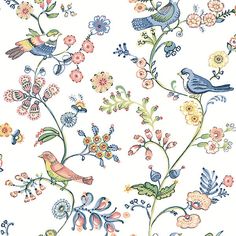 a floral wallpaper with birds and flowers on it