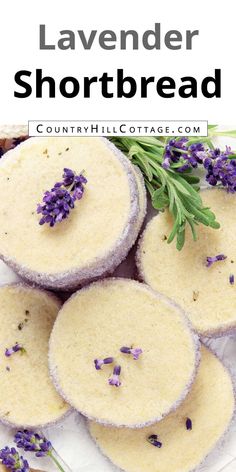 lavender shortbreads on a plate with flowers