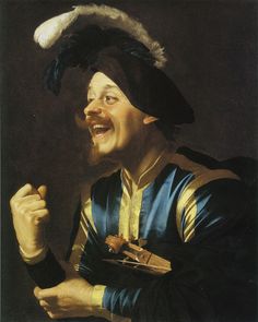 a painting of a man wearing a feathered hat and holding a cell phone in his right hand