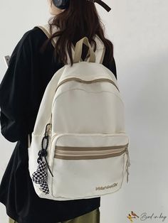 BirdinBag - Letter Graphic Backpack with Bag Charm - Medium, Classic Design Beige Bag For Study And Back To School, Large Capacity Cream School Bag, White Large Capacity Shoulder Bag For Study, Cream Backpack For School, Cream Softback Bags For Students, White Backpack With Zipper Closure, White Backpack With Zipper Closure For Students, White Backpack With Zipper Closure For Study, Cream School Backpack