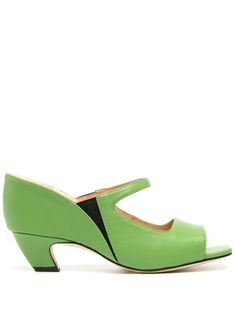 apple green leather two-tone design cut-out detailing slip-on style open toe branded insole low cone heel Maison Mihara Yasuhiro, Maison Mihara, Going Green, Apple Green, Green Leather, Go Green, Pump Shoes, Open Toe, Two Tone