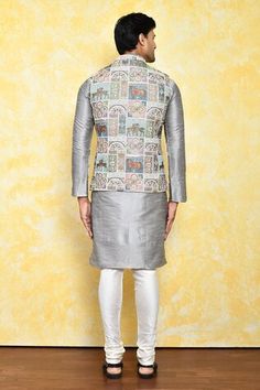 Grey bundi with floral and animal motifs. Paired with a plain kurta and churidar. - Aza Fashions Designer Nehru Jacket With Printed Motifs For Festivals, Festival Nehru Jacket With Printed Motifs, Festive Nehru Jacket With Printed Motifs For Diwali, Transitional Printed Nehru Jacket, Transitional Season Printed Nehru Jacket, Transitional Fitted Nehru Jacket With Printed Motifs, Festive Fitted Sherwani With Printed Motifs, Traditional Fitted Nehru Jacket With Printed Motifs, Wedding Nehru Jacket With Printed Motifs For Festivals