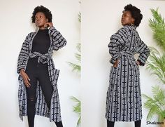 JOJO black and white duster African inspired clothing designer fashion black and white print kimono clothing PRODUCT SPECIFICATIONS: All clothes are tailored and handmade with love and attention to details. Duster design - Wide and fancy Material - 100% cotton, black and white print SIZE CHART Sizes XXS to 3XL (please see detailed size chart in photos). Can be made-to-measure; please leave your measurements in the personalization box ADDITIONAL INFORMATION New and unworn: Yes Handmade in Kenya: Black Fitted Long Kimono, Fitted Long Black Kimono, Chic Long Black Kimono, African Inspired Clothing, Print Kimonos, African Inspired, Black Fashion, Mens Jackets, Jackets & Coats