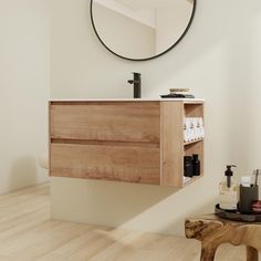 a bathroom with a wooden cabinet and mirror on the wall, next to a stool